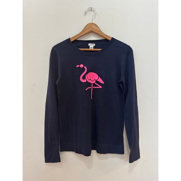 J. Crew Womens Small Sweater Embroidered Pink Flamingo Pullover Long Sleeve Navy - Picture 1 of 4